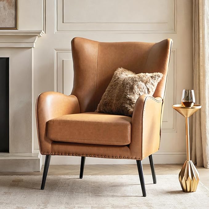 Upholstered Faux Leather Accent Chair with Black Metal Legs Comfy Armchair with Removable Cushion &amp Nailhead Trim Wingback Vanity Chair for Reading Living Room Bedroom