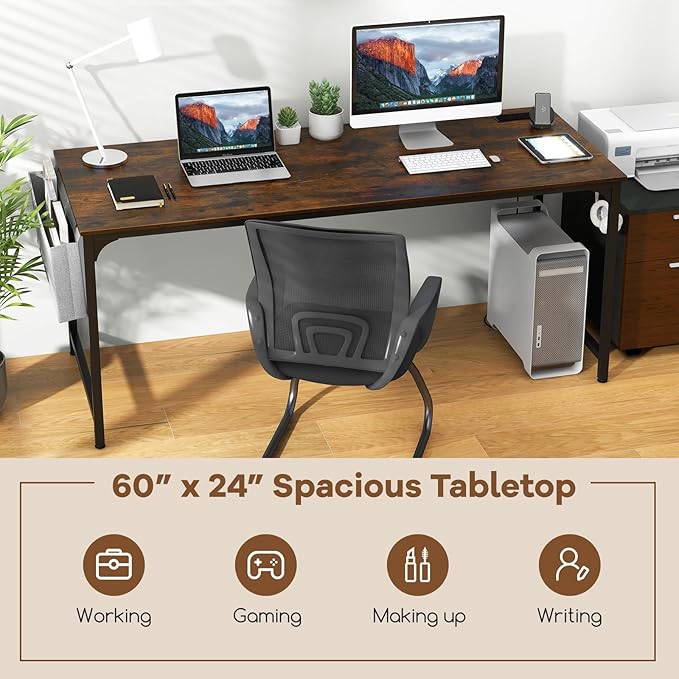 Tangkula 60” Large Computer Desk with Charging Station Modern Simple Study Writing Desk with Storage Bag Headphone Hook Sturdy Metal Frame Home Office Workstation