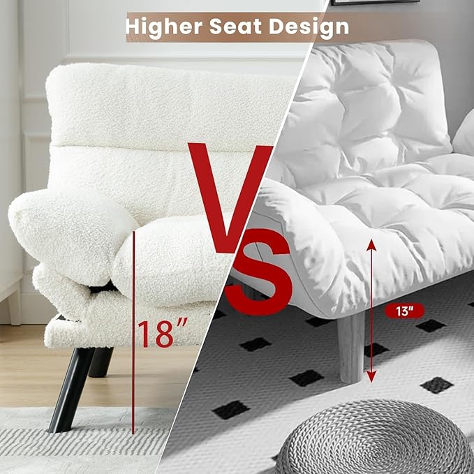 White Modern Teddy Velvet Convertible Folding Futon Couch Sofa Bed Adjustable Pillow Top Arm Memory Foam Couch Double Love Seat Sofa for Compact Space Dorm Apartment Bedroom Loveseat (White)