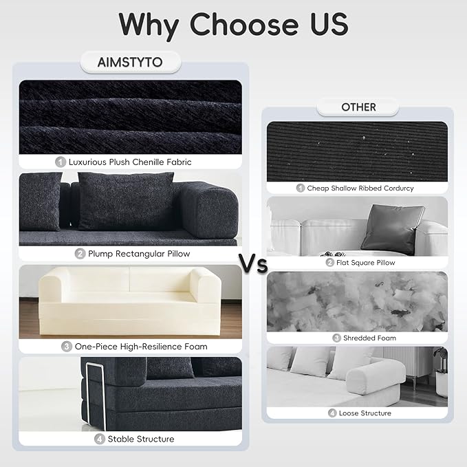 5-in-1 Convertible Folding Sofa Bed 79 Queen Chenille Boneless Couch with Removable Armrests No Assembly Loveseat Sleeper Sofa Modular Futon Couch for Living Room &amp Bedroom (Black)