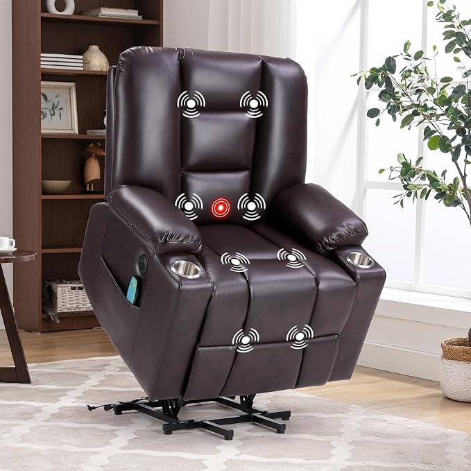 Bonzy Home Power Lift Chair with Heat and Massage Faux Leather Lift Recliner Chair for Adults Elderly Upholstered Recliner with 2 Cup Holders Side Pocket USB and Type-c Port Brown
