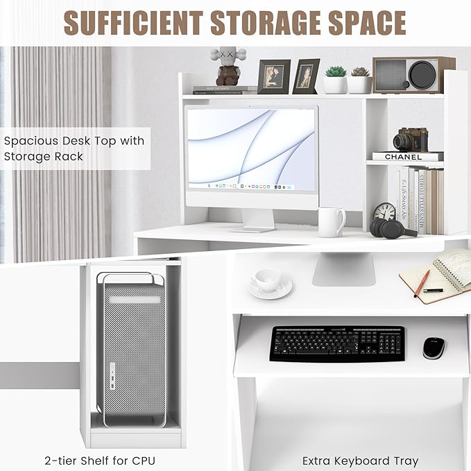 LDAILY Computer Desk with Hutch Multifunctional PC Laptop Table with Keyboard Tray CPU Stand Power Outlet Simple Work Desk Writing Desk for Bedroom Home Office Dorm (White)