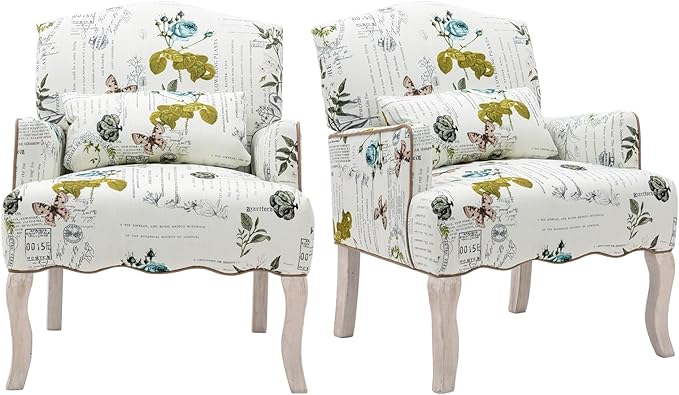 Floral Accent Chairs Set of 2 Farmhouse Upholstered Armchair Reading Chair Mid Century Modern Single Sofa Chair with Pillow for Bedroom/Living Room/Fireplace Beige&ampGreen Butterfly Pattern