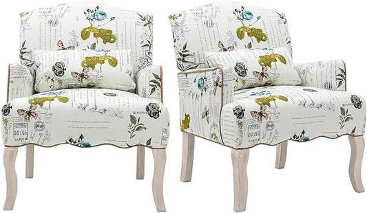 Floral Accent Chairs Set of 2 Farmhouse Upholstered Armchair Reading Chair Mid Century Modern Single Sofa Chair with Pillow for Bedroom/Living Room/Fireplace Beige&ampGreen Butterfly Pattern