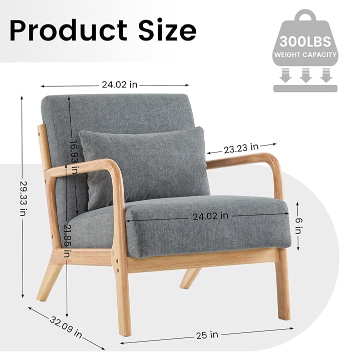 Mid Century Modern Accent Chair Set of 2 Upholstered Chair for Living Room Accent Chair with Lumbar Pillow Solid Wood Frame Reading Chair Armchair for Bedroom Small Spaces Darkgrey