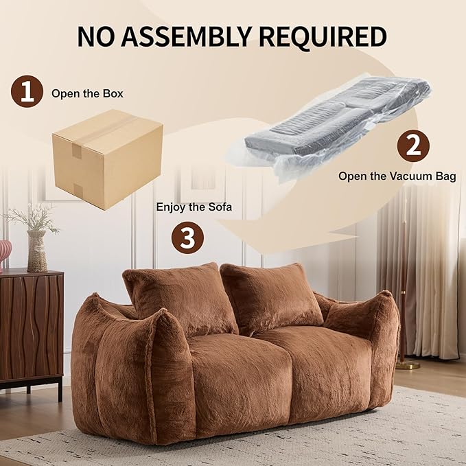 75 Inch Loveseat Bean Bag Couch for Adults Oversized Compressed Boneless Sofa Couch in a Box for Living Room Bedroom Apartment Soft FluffyNo Assembly (Brown)
