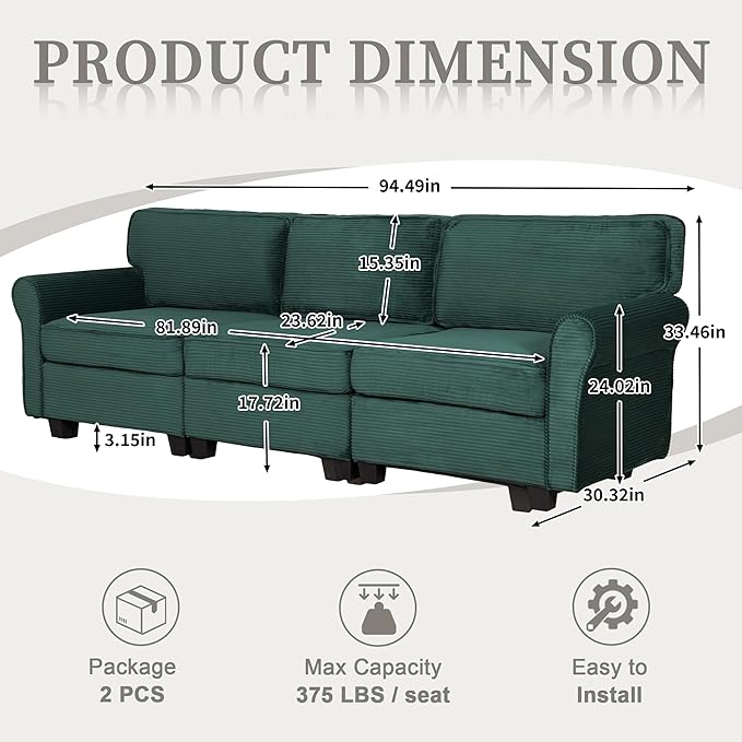 94 Sofa for Living Room 3 Seater Couch with Deep Seat Modern Comfy Corduroy Couches for Apartment Small Space Dark Green