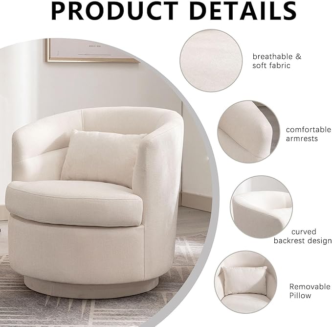 CANMOV Swivel Accent Chair 360 Degree Round Swivel Barrel Chair with Pillow Upholstered Comfy Barrel Armchair Single Club Sofa Chair for Living RoomBedroom Reading Room Beige