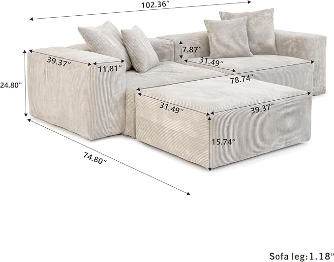 Modular Sectional Couch Sofa with 4 Pillows 102 L Shaped Sofa Couch with Chaise OttomansCorduroy Fabric Couches (Beige)