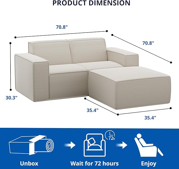 Cozy Castle 71 Loveseat Sofa L Shaped Comfy Corduroy Boneless Couch with Deep Seat and Ottoman Chaise Cloud Sofa Upholstered Couches for Living Room Bedroom No Assembly Required (Beige)