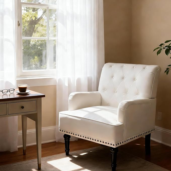 MOJAY PU Leather Accent Chair Mid-Century Armchair Living Room Sofa Chair with Rubber Wood Leg Club Chair with Rivet Trim for Bedroom Reading Room Reception (White)