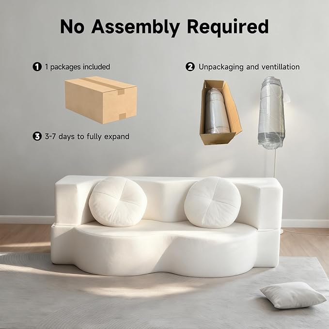2-in-1 Convertible Folding Sofa Bed Sleeper Sofa with Pillow Teddy Fabric High-Density Foam Floor Mattress Sleeper for Living Room Guest Use Office Apartment No Assembly Required (Beige)