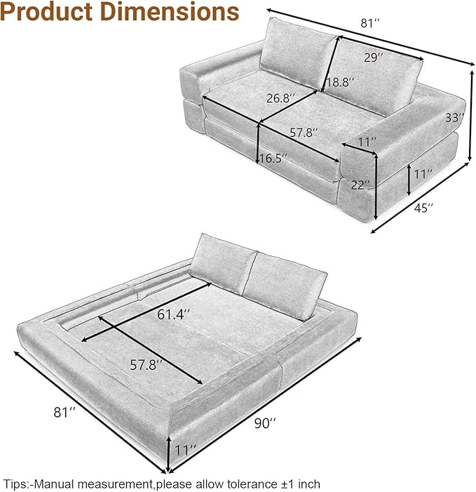 Modular Sectional Sofa Bed Convertible Folding Sofa Bed with Removable Backres Boneless Cloud Couch with Deep Seat Modern Fold-Out Futon Couch Bed for Living Room (Pink 81 Sofa Bed)
