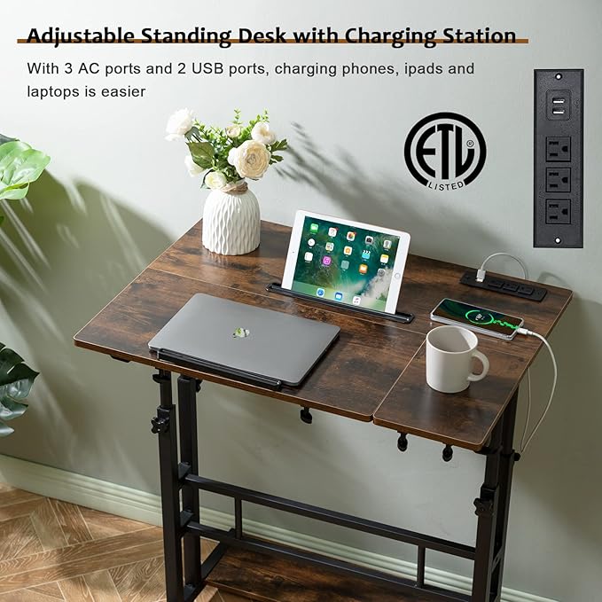 Hadulcet Mobile Standing Desk Adjustable Height Rolling Desk Stand Up Desk Mobile Laptop Desk Rolling Computer Desk with Charging Station Portable Desk with Wheels Rustic Brown
