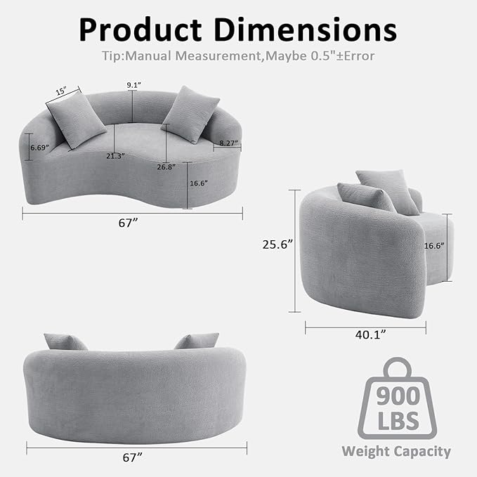 67 Curved Loveseat SofaFull Sponge Compression Sofa Chinese Tai Chi StyleS-Shaped Couch for Small SpacesNo Installation RequirementWood Grain Chenille Fabric （Light Gray67）