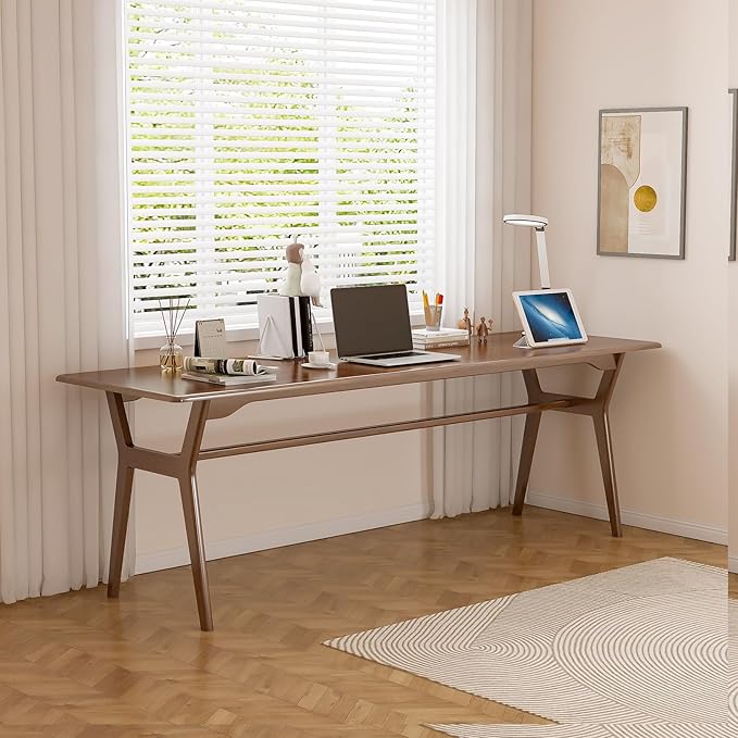Solid Wood Study Desk - 78.8 Double Long Computer Table for Home Office 2-Person PC Workstation Walnut