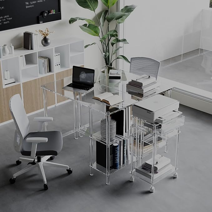 HMYHUM 40 Inch Acrylic Computer Desk with Reversible Storage Shelves Clear Home Office Desk for Laptop Study Writing Vanity Table Modern