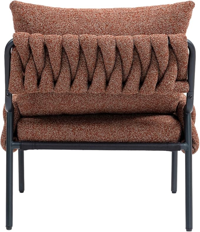 Modern Accent Lounge Chair with Braided Upholstery and Metal e Comfortable Armchair for Living Room or Bedroom Soft Cushioned Seat and Backrest Set of 1 (Brown)