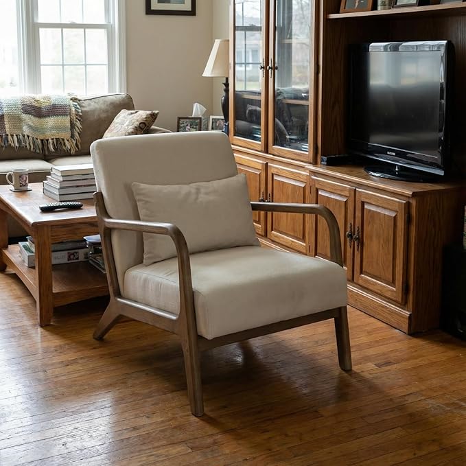 Modern Accent Chair Cotton Linen Fabric Upholstered Lounge Armchair with Solid Wood Frame for Living Room Bedroom Reading Nook (White1)