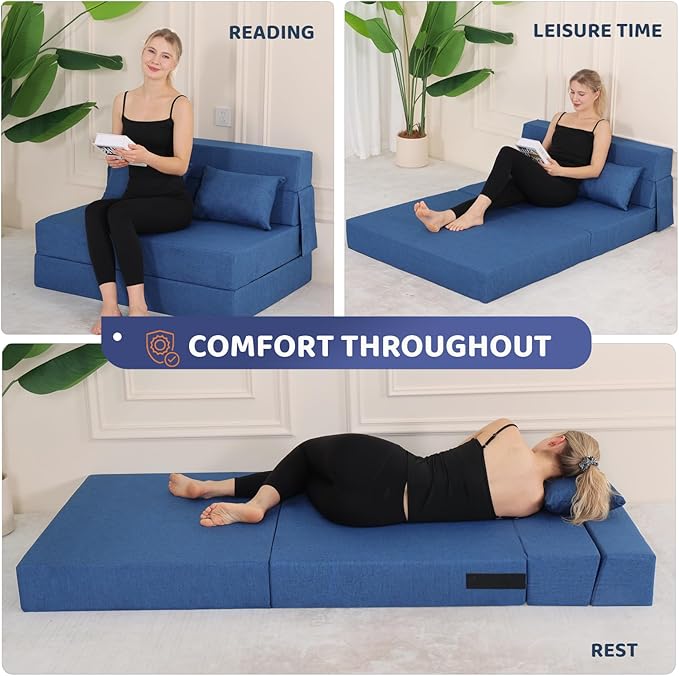 Folding Sofa Bed Foldable Sleeper Chair with Pillow Convertible Fold Out Chair Bed with Washable Cover Foldable Mattress for Living Room Bedroom Guest Room Standard Size Blue