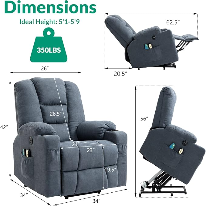 VIVIJASON Power Lift Chair Electric Recliner for Elderly Heated Vibration Massage Soft Fabric Recliner Chair with 2 Remote Controls USB Ports Side Pockets &amp Cup Holders for Living Room (Blue)