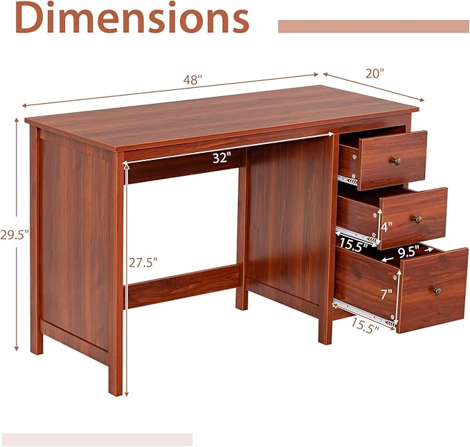 Tangkula Computer Desk with 3 Storage Drawers Modern Home Office Desk with Storage Drawers &amp Spacious Desktop Compact Writing Study Desk Laptop Desk for Bedroom Multipurpose Computer Workstatio