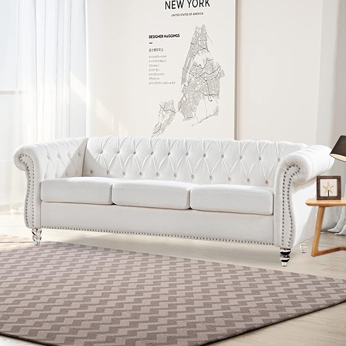 White Velvet Couches for Living Room 3-Seater Chesterfield Sofa Tufted Sofa Furniture Couch Nailhead Upholstered Couches Minimalis Light Luxury Easy to Assemble