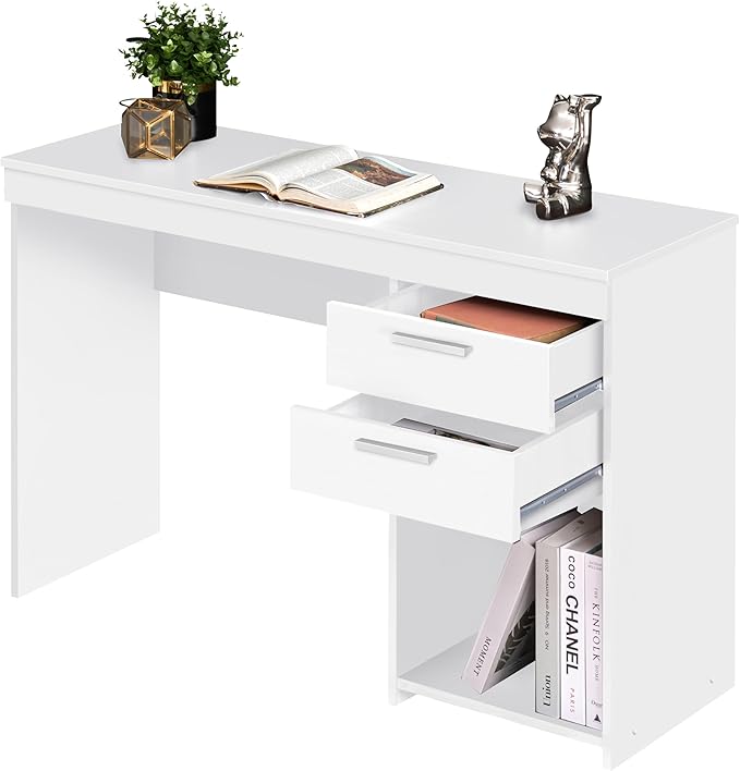 Techni Mobili Engineered Wood Writing Desk with Drawers and Storage and Open Compartment - A 47.5” Wide Home Office Desk with Drawers for Ample Storage- White Desk with Storage