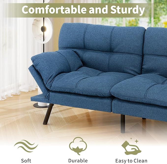 Vipbear 71 Futon Sofa Bed - Convertible Sofa Beds/Adjustable Backrest &amp ArmrestDetachable Cushion Loveseat Sleeper for Small Spaces Apartments &amp Offices Blue Futons