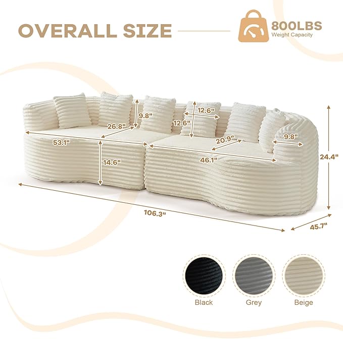 106” Oversized Curved Sectional Couch Corduroy Memory Foam Boneless Compression Sofa Couch with 6 Pillows Modern Floor Deep Seat Sofa for Living Room Office Apartment No Assembly Needed Beige