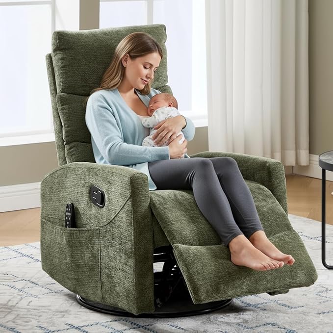 PELUMY 360° Swivel Rocker Recliner with Heat &amp Vibration Massage Glider Rocking Chair for Adults Compact Recliner for Living Room Small Spaces Nursery Bedroom (Chenille Green)