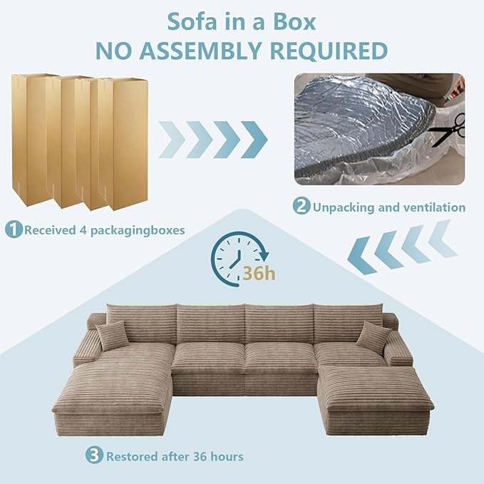 136 Cloud Sectional Couch with U-Shaped ChaiseCorduroy Viral Boneless Sofa with OttomanMemory Foam Couches in a Box with Deep Seat for Living RoomNo Assembly Required (CamelLeft-Facing Chaise)