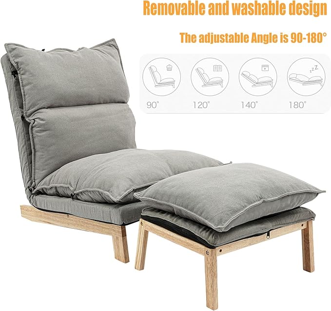 Single Lazy Sofa Lounge Chair with Footstool 5-Position Reclining Comfort for Living Room Balcony Japanese Tatami Floor Recliner Modern Leisure Recliner Indoor Use Grey