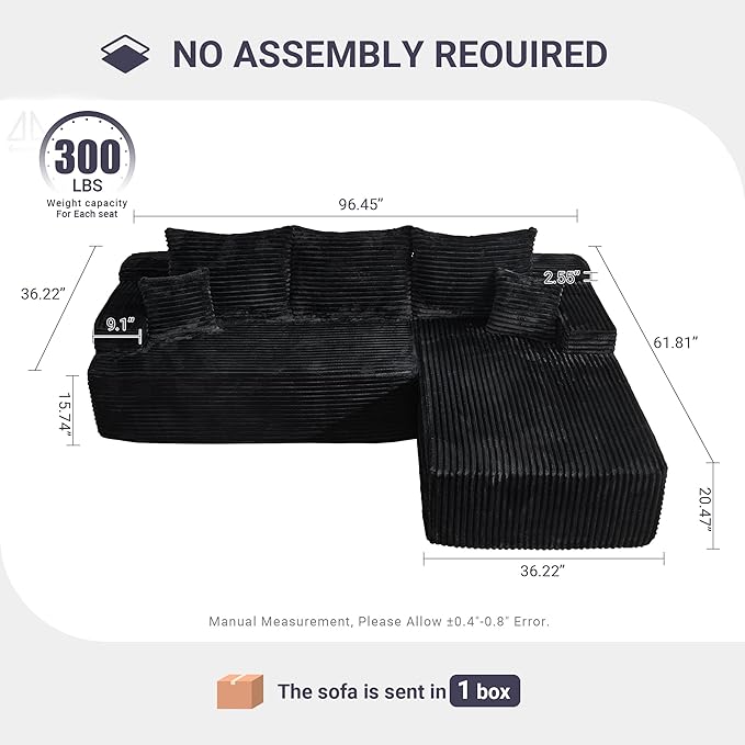 96 Cloud Sectional Couches for Living RoomL Shaped Boneless Couch with Comfy ChaiseModular Sofa with Deep Seat No Assembly RequiredBlack | Tool Free Assembly
