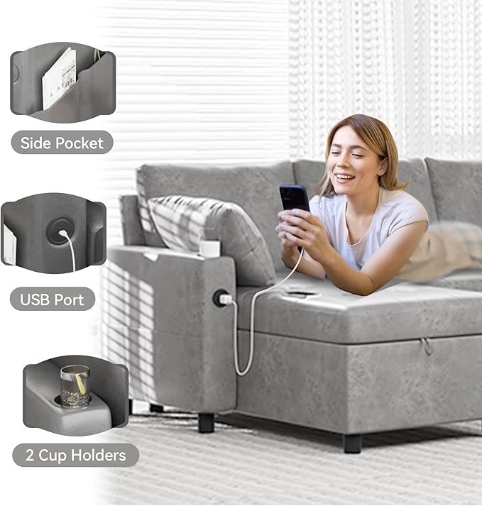 Leather Sleeper Sofa Bed Couch Pull Out Couch with Reversible Storage Chaise Sectional Couches with USB Charging Ports&ampCup Holders for Living Room Grey | USB Storage