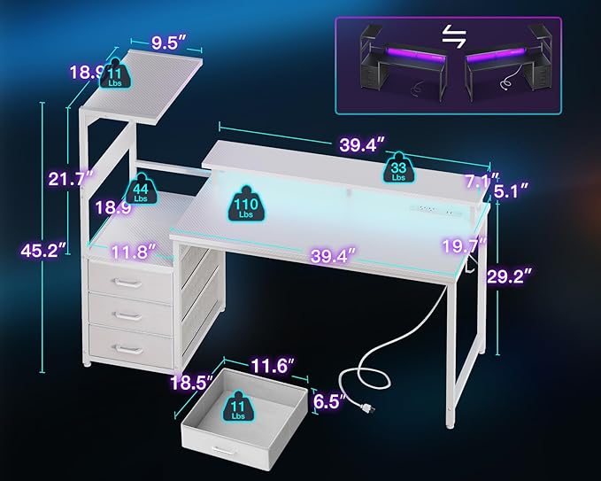 AODK 52 Inch Gaming Desk with USB Charging Ports &amp LED Light- Reversible Computer Desk with Storage Shelves &amp Monitor Stand Modern Gamer Desk Table with Fabric Drawers &amp Side Hook Carbon