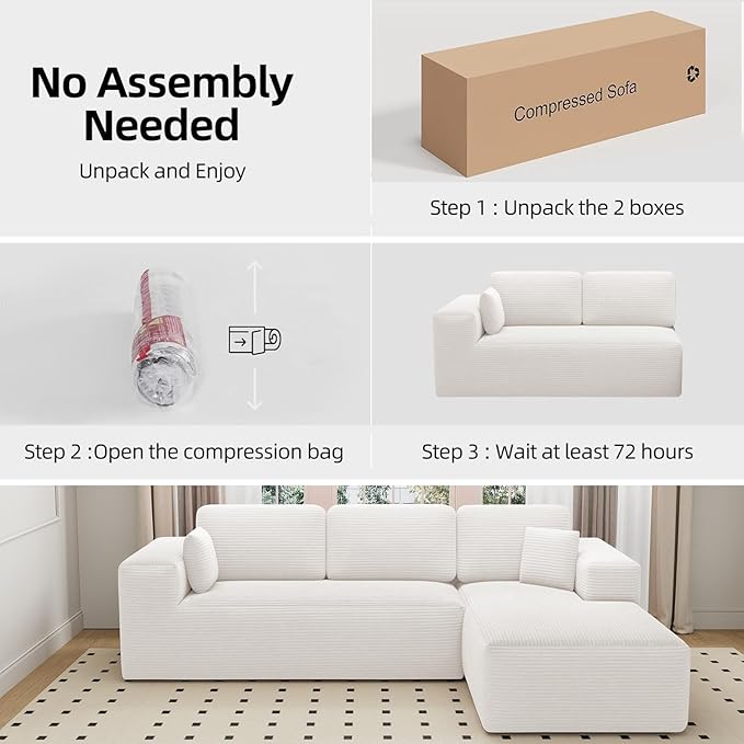 107 Cloud Sectional Couch with Chaise L Shaped Boneless Couch with Deep Seat 3 Seater Corduroy Modular Sectional Sofa for Living Room No Assembly Required （Right Facing Chaise Cream Beige）