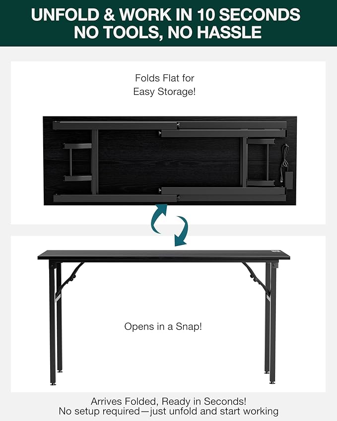 Frylr Small Folding Computer Desk – 55.1 Inch Portable Table for Craft and Study Lightweight Desk for Small Spaces Foldable Laptop Table Built-in AC/USB Outlets for Convenience Dark Oak