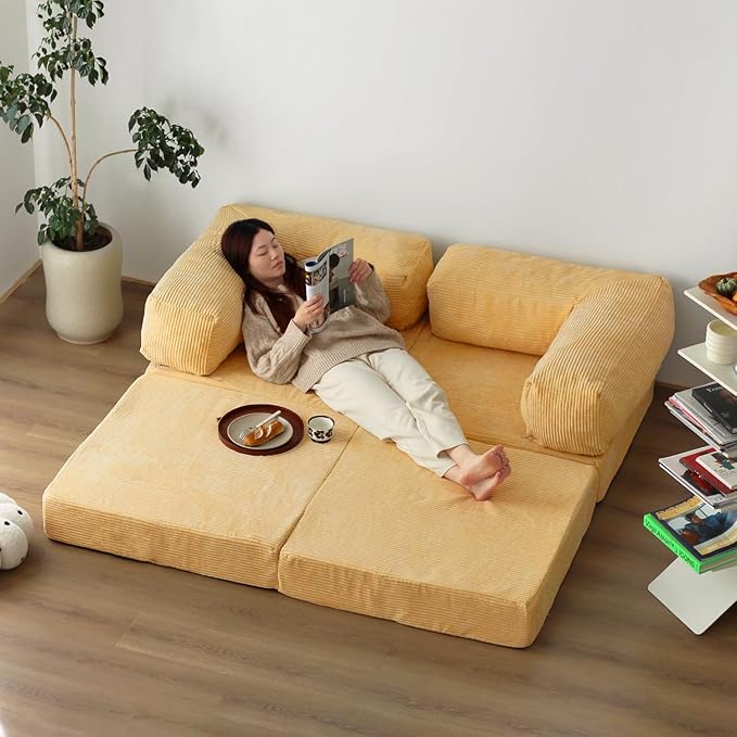 Free Combination Convertible Folding Sofa Bed Armless Foam Floor Sofa Sleeper Floor Couch for Living Room and Bedroom Sleeper Chair with Pillow Twin Size (Beige)