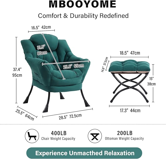 Lazy Chair with Folding Ottoman Modern Accent Armchair with Armrests and a Side Pocket &amp Foldable Footstool Reading Chair for Living Room Bedroom Dorm &amp Office Dark Green