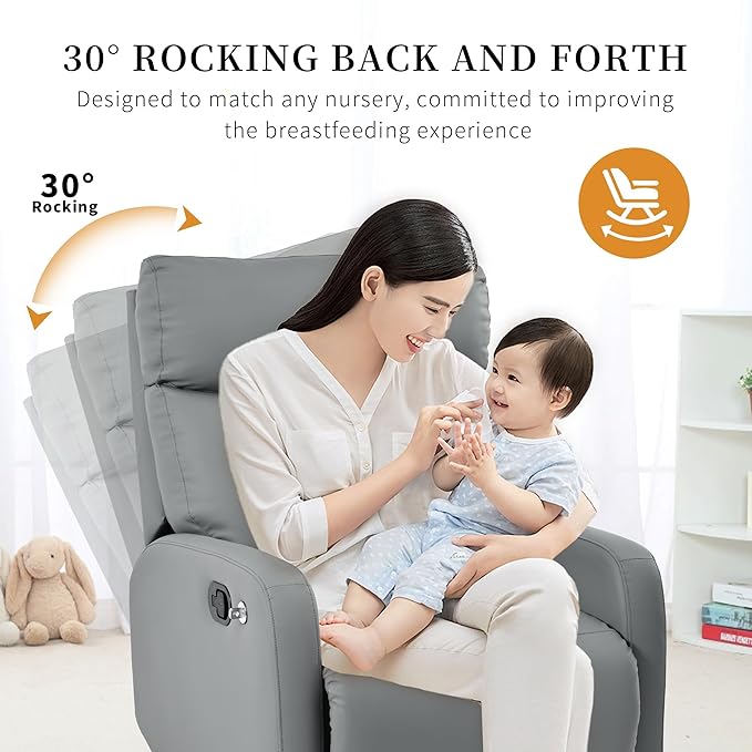 Swivel Rocker Recliner Chair for Nursery Upholstered 360° Leather-air Glider Rocking Chair with Phone Holder Manual Small Recliners for Small Spaces Living Room