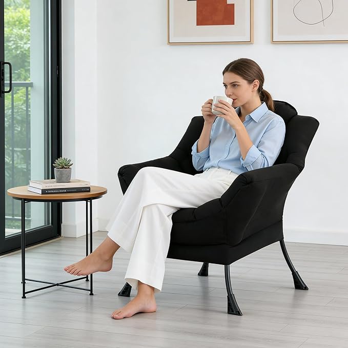 Lazy Chair Modern Soft Reading Chair Accent Contemporary Sofa Chair with Armrests and a Side Pocket for Living Room Bedroom Dorm &amp Office Black