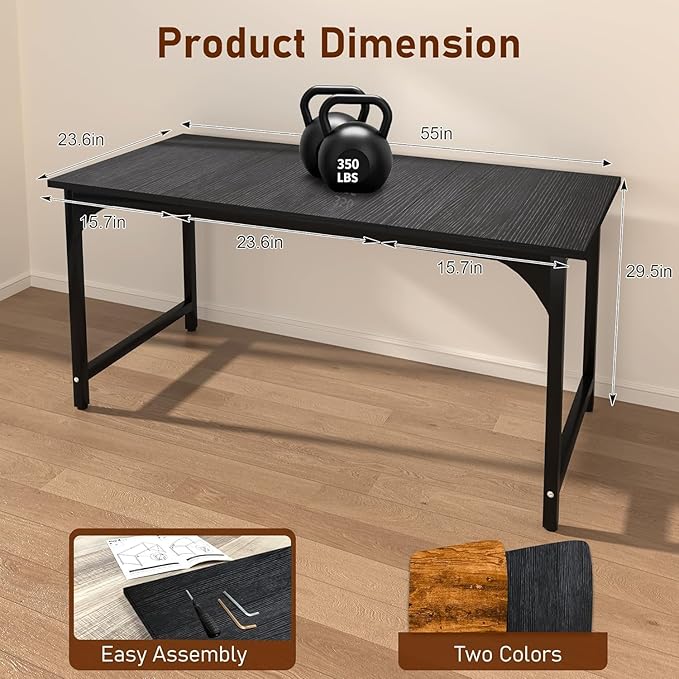 AZN 55 X 24 inch Computer Desk w/Deeper &amp Thicker Desktop Office Desk w/Sturdy Metal Frame Modern Simple Desk w/Large Legroom Study Gaming Writing Work Desk for Home Office Bedroom