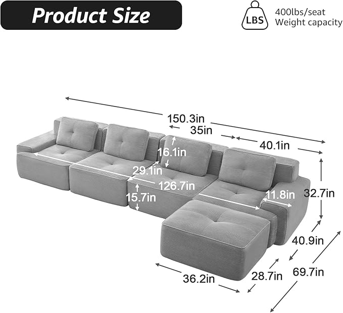 150 Modern Boneless Couches for Living Room Corduroy Cloud Couch Sectional Black Modular Sectional Sofa 4 Seater with 1 Ottoman Sofas para Sala L Shape Sofas &amp Couches (Black 4+1 Set)