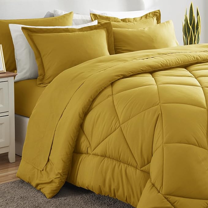 CozyLux King Size Comforter Set Mustard Yellow - 7 Pieces Bed in a Bag King Luxury Soft Bed Set for All Seasons Bedding Set with Down Alternative Comforter Sheets Pillowcases &amp Shams