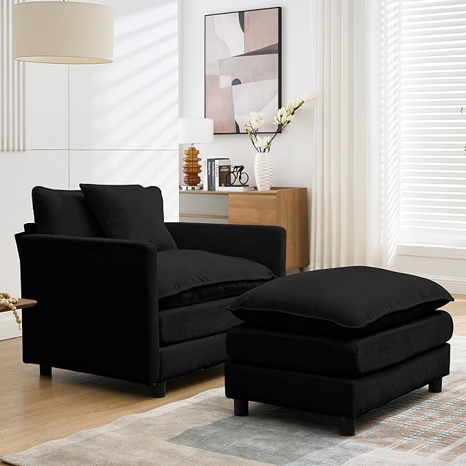 Oversized Chair with Ottoman Modern Chenille Upholstered Deep Seat Couch Armchair 40.16'' Comfy Chaise Lounge Indoor with Thick Cushion for Living Room (Black 40.16'' Single Seat Sofa &amp 1 Ottom