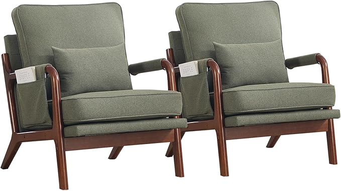 ANJ Mid Century Modern Accent Chair Set of 2 Lounge Reading Armchair with Extra Side Pocket &amp Detachable Cushion Comfy Fabric Accent Chairs for Living Room Bedroom Green