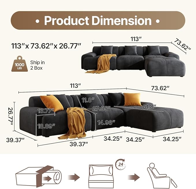 113 Modern L-Shaped Modular Sectional Sofa for Living Room Corduroy Upholstery Gray 3-Seater Cloud Couchand Movable Ottoman – No Assembly Dark Gray