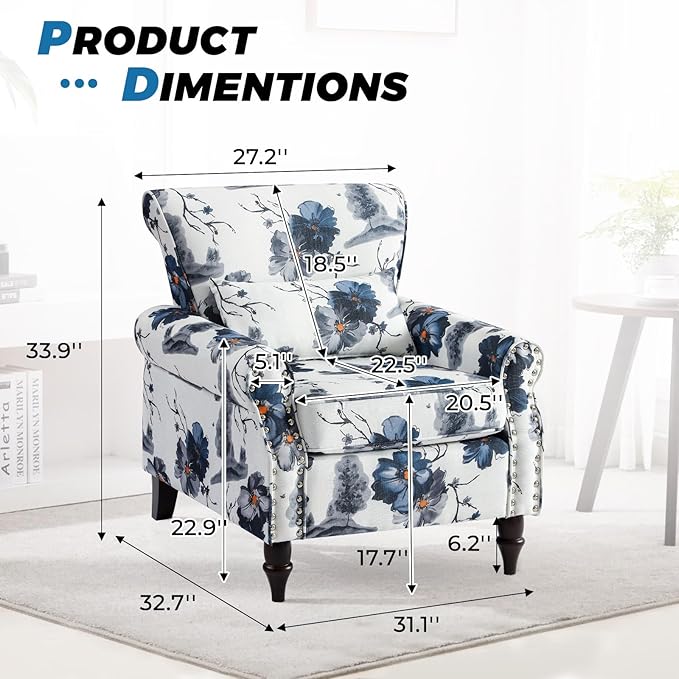 Floral Accent Chair with Lumbar Pillow Retro Wingback Armchair with Nailhead Trim &amp Rolled Arms Modern Linen Fabric Upholstered Recliner for Living Room Bedroom Reading Chair Easy Assembly