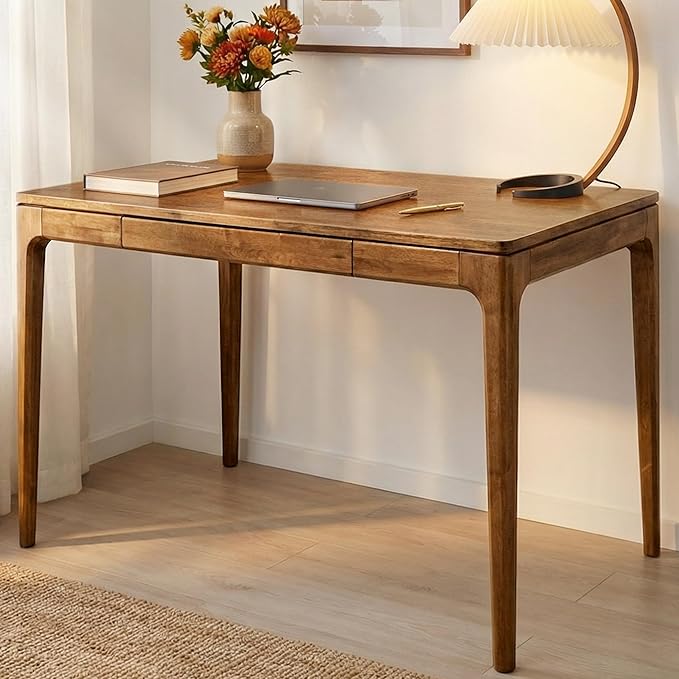 Acacia Wilma 48” Rubber Wood Rectangular Writing Desk for Study Office Desk Dining Table Set for 4 with Storage Drawer Mid-Century Modern Table for Bedroom Dining Room Easy Assembly Natural